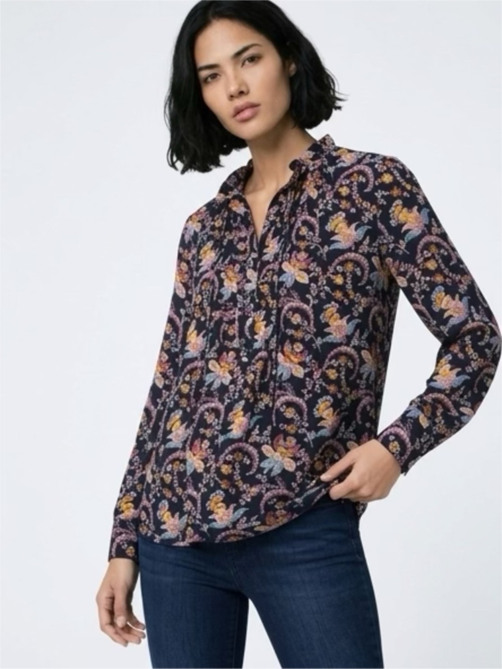LOFT FLORAL PLEATED BUTTON DOWN LONG SLEEVE BLOUSE, MEDIUM